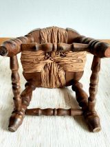 Paire de tabourets de cheminée bois et paille 1950 