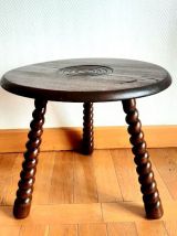 Table guéridon tripode en bois brutaliste 1950 