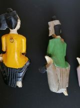4 statuettes thaï bois sculpté polychrome musiciens 