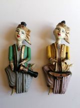 4 statuettes thaï bois sculpté polychrome musiciens 