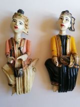 4 statuettes thaï bois sculpté polychrome musiciens 