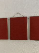 Miroir vintage 1960 triptyque barbier rouge brique  - 30 x 7