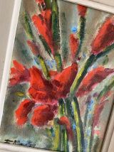 Peinture à l huile sur bois,  iris rouges.
