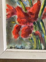 Peinture à l huile sur bois,  iris rouges.