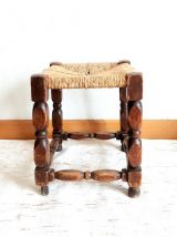 Tabouret de ferme paillé vintage en chêne
