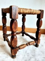 Tabouret de ferme paillé vintage en chêne