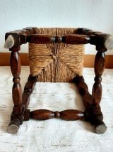 Tabouret de ferme paillé vintage en chêne