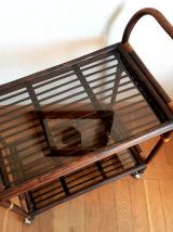 Desserte roulante en rotin et verre fumé 