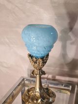lampe calice bronze doré  abat jour opaline bleue clichy  19