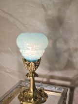 lampe calice bronze doré  abat jour opaline bleue clichy  19