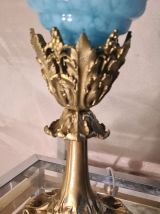 lampe calice bronze doré  abat jour opaline bleue clichy  19