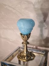 lampe calice bronze doré  abat jour opaline bleue clichy  19