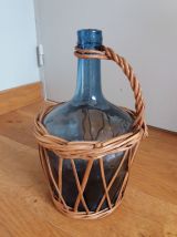 Dame Jeanne bouteille verre bleu et osier