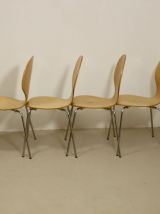  Set de 4 chaises de salon placage bois courbé piètement chr