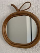 Miroir vintage 1960 pomme rotin osier bambou - 32 x 34 cm