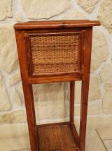 Petit meuble vintage bois et rotin tressé