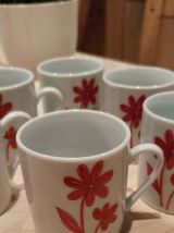 6 Tasses café vintage porcelaine blanc avec fleurs rouge