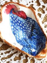 Coquille huître décorée coq et poule bleu, coupelle de table
