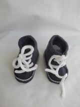 Chaussons baskets Gris Souris laine layette, fait main 0-3 m