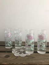 4 verres à eau fleuris 