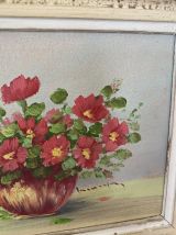2 peintures à l huile fleurs dans un vase années 60.