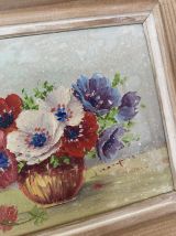 2 peintures à l huile fleurs dans un vase années 60.