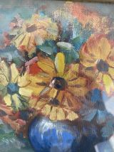 Peinture sur toile fleurs dans un vase.