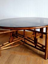Grande table télescopique en rotin vers 1970