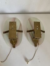 Paire appliques vintage 1960 pétales opaline laiton - 21 cm