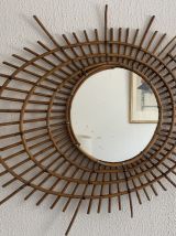 Miroir vintage 1960 soleil rotin style ORTF spirale oeil - 9