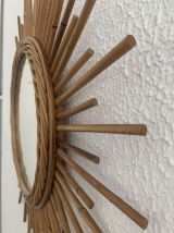 Miroir vintage 1960 soleil rotin osier artisanal - 55 cm