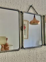 Miroir triptyque barbier chromé chocolat vintage 1940 - 21 x
