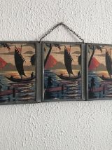 Miroir vintage 1940 triptyque barbier bateau - 16 x 37