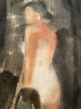 Tableau signé portrait femme à la perle