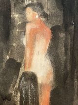 Tableau signé portrait femme à la perle