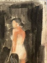 Tableau signé portrait femme à la perle