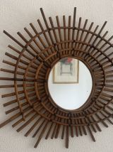 Miroir vintage 1960 soleil rotin style ORTF spirale - 80 x 6