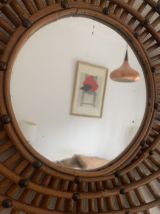 Miroir vintage 1960 soleil rotin style ORTF spirale - 80 x 6