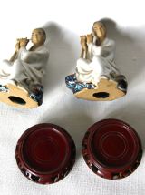 Lot de 2 joueurs de flute, musiciens asiatiques vintage