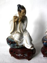 Lot de 2 joueurs de flute, musiciens asiatiques vintage
