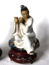 Lot de 2 joueurs de flute, musiciens asiatiques vintage