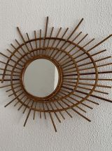 Miroir vintage 1960 soleil rotin osier ORTF spirale design -