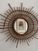 Miroir vintage 1960 soleil rotin osier ORTF spirale design -