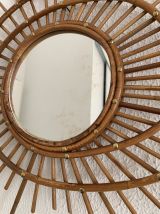 Miroir vintage 1960 soleil rotin osier ORTF spirale design -