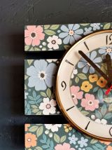 Horloge vintage pendule murale silencieuse Fleurs bleu vert