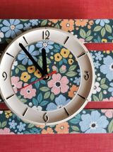 Horloge vintage pendule murale silencieuse Fleurs bleu vert