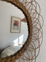 Miroir vintage 1960 soleil fleur rotin osier french riviera 