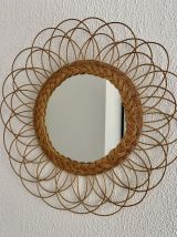 Miroir vintage 1960 soleil fleur rotin osier french riviera 