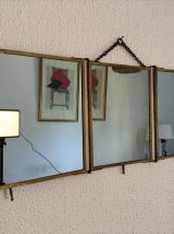 Miroir vintage 1900 triptyque barbier JB doré lie de vin - 3