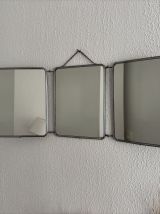 Miroir vintage 1960 triptyque barbier argenté Arpin - 28 x 7